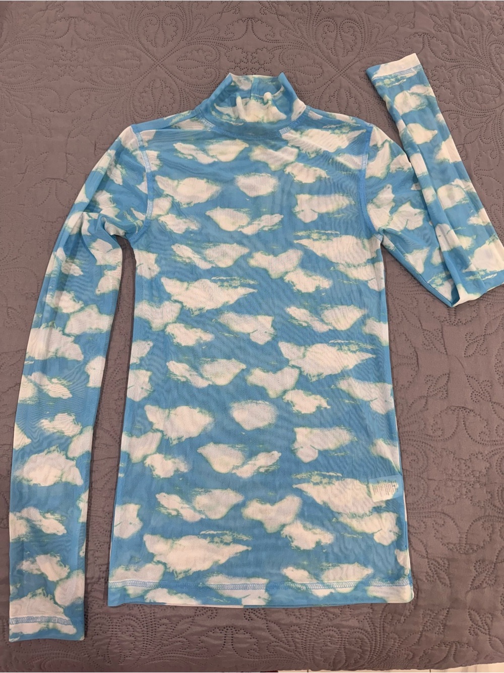 Blue Cloud-Print Long-Sleeve Mesh Top